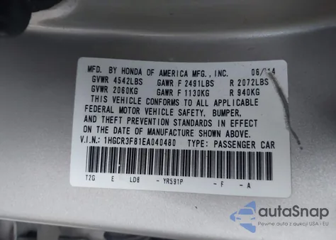 2014 Honda Accord Ex-L V-6 from USA, damaged, VIN 1HGCR3F81EA040480